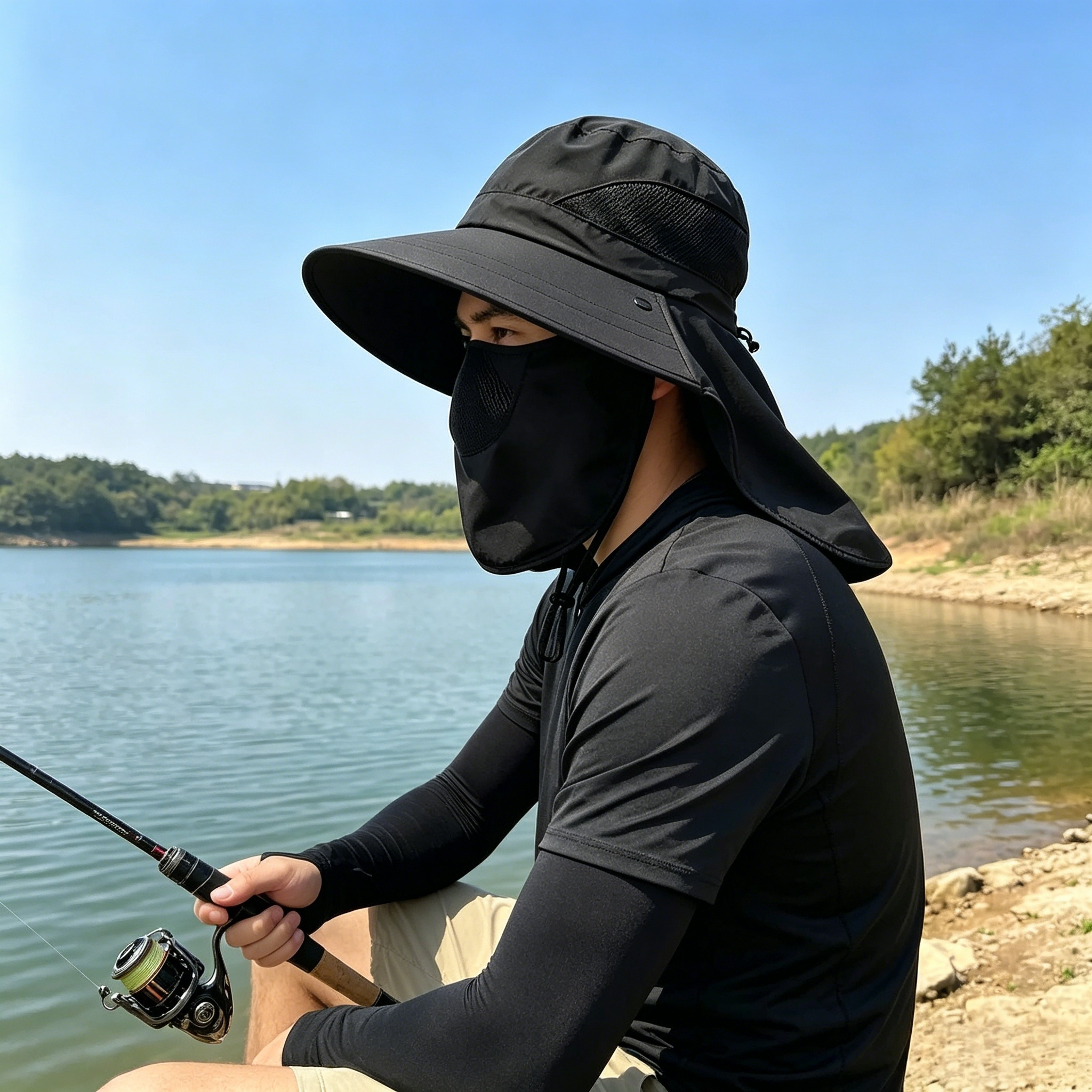 Fishing Hat - หมวกกันแดดแบบคลุมหน้าและคอ พร้อมปลอกแขนแบบเย็น ปีกกว้าง แผ่นปิดหน้าถอดออกได้ ระบายอากาศได้ดี เหมาะสำหรับตกปลา