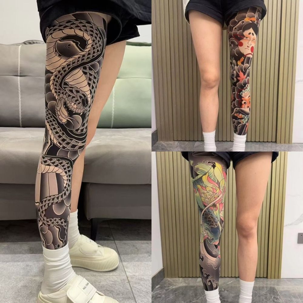 Fishing Socks - ถุงเท้าลายสักเต็มขา ถุงน่องพิมพ์ลาย ป้องกันแสงแดด ถุงเท้ายืดหยุ่นสำหรับตกปลา ถุงเท้าขับรถเท่ๆ สไตล์ญี่ปุ่น