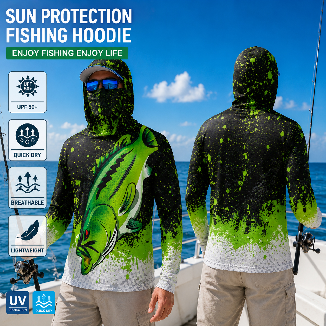 Fishing Shirt Uv Protection - เสื้อฮู้ดตกปลาสำหรับผู้ชาย ลายปลาไล่เฉดสี ป้องกันแสงแดด UPF50+ แห้งเร็ว ระบายอากาศได้ดี