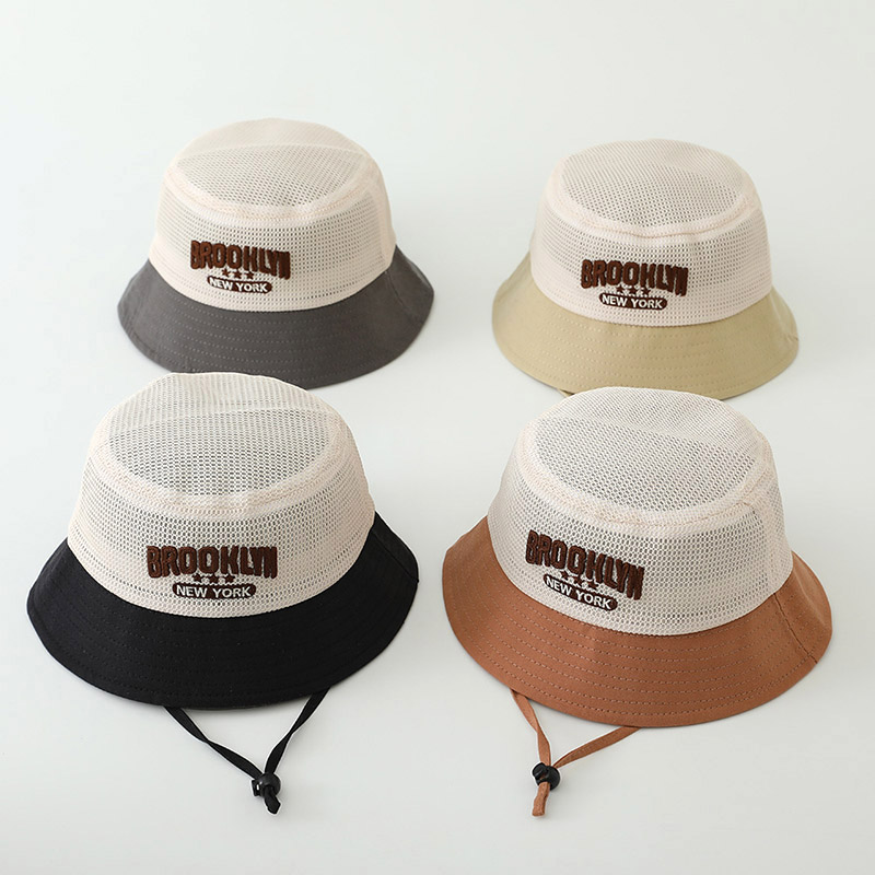 Fishing Hat - หมวกปีกกว้างปักลายตัวอักษรสำหรับเด็ก หมวกตาข่ายระบายอากาศสำหรับฤดูร้อน เด็กชาย เด็กหญิง หมวกทรงชาวประมง แฟชั่นลายปะติด