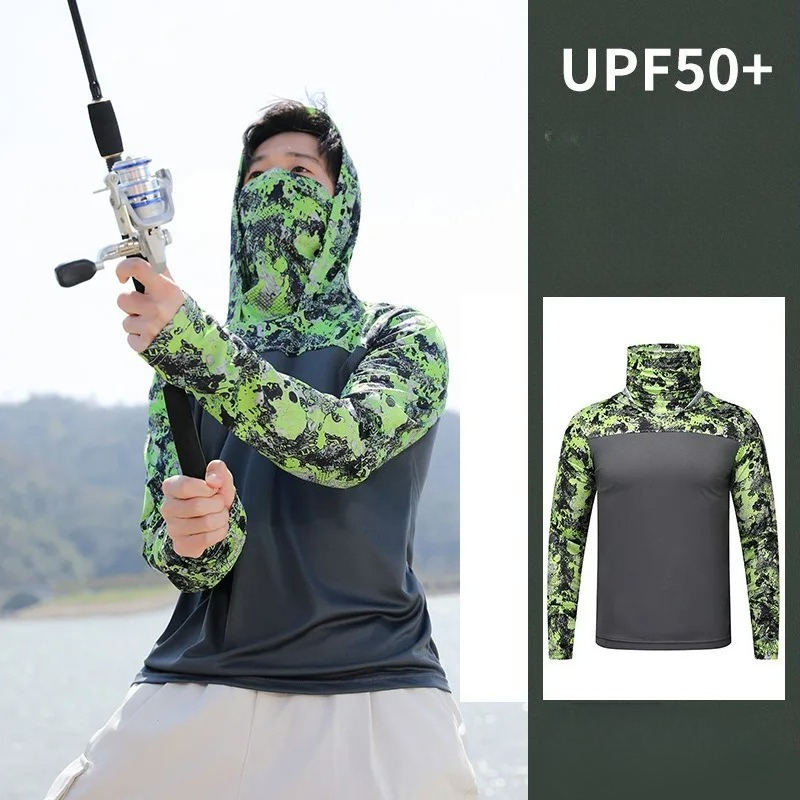 Fishing Shirt Uv Protection - เสื้อตกปลาแบบมีฮู้ดสำหรับผู้ชาย เสื้อผ้ากันแดดสำหรับกิจกรรมกลางแจ้งในฤดูร้อน เสื้อฮู้ดปะติดปะต่อพร้อมหน้ากาก ป้องกันแสงแดดและรังสียูวี เสื้อเจอร์ซีย์ประสิทธิภาพสูง ป้องกันผิว
