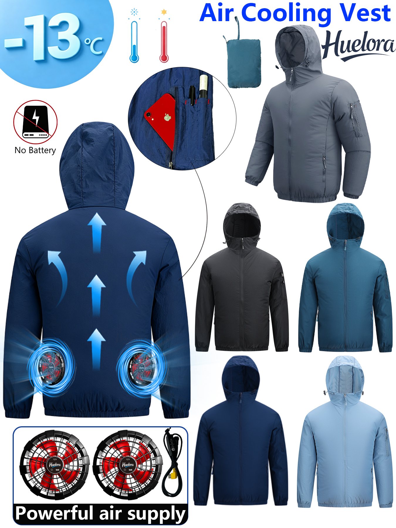 Fishing Hoodie - เสื้อแจ็คเก็ตมีฮู้ดสำหรับผู้ชายพร้อมพัดลมคู่แบบ USB สำหรับระบายความร้อน เหมาะสำหรับใส่ทำงานกลางแจ้งในฤดูร้อนและตกปลา