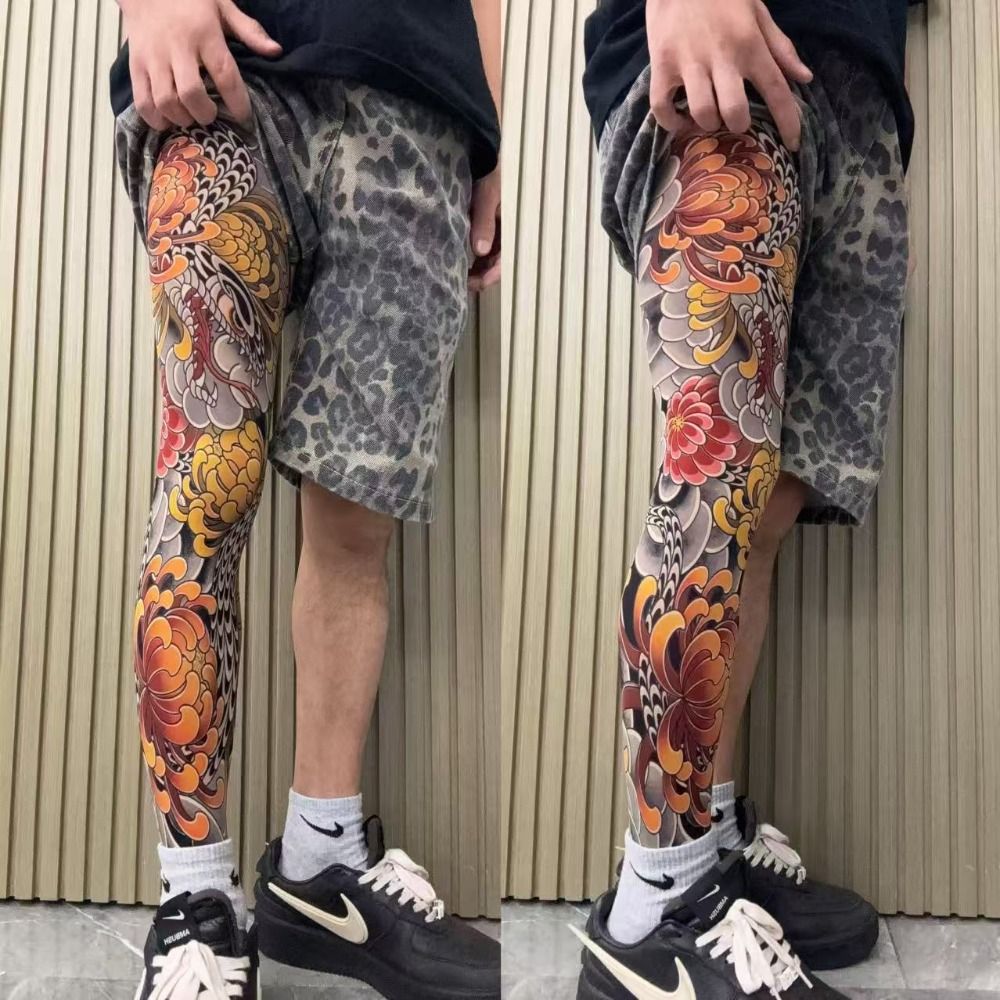 Fishing Socks - ถุงเท้าลายสักเต็มขา ถุงน่องพิมพ์ลาย ถุงเท้าสำหรับปั่นจักรยาน ตกปลา ถุงเท้ายืดหยุ่น กันแดด