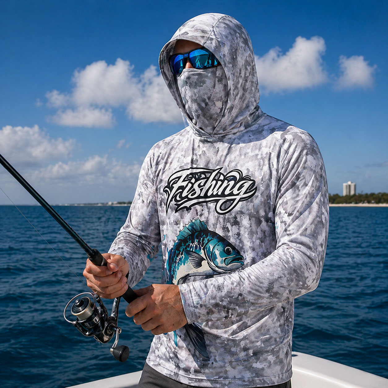 Fishing Hoodie - เสื้อตกปลาแบบมีฮู้ดสำหรับผู้ชาย เสื้อผ้าตกปลา แขนยาว เสื้อคลุมกันแดดสำหรับฤดูร้อน ป้องกันแสงแดด เสื้อเจอร์ซีย์ประสิทธิภาพสูง