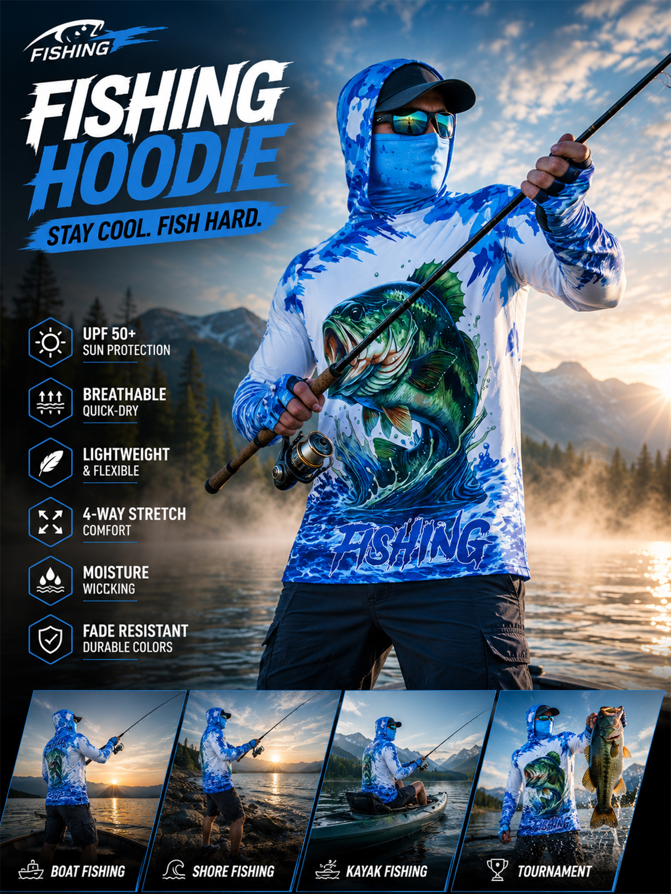 Fishing Shirt Uv Protection - เสื้อฮู้ดตกปลา UPF 50 เสื้อฮู้ดกันแดด UV แขนยาว