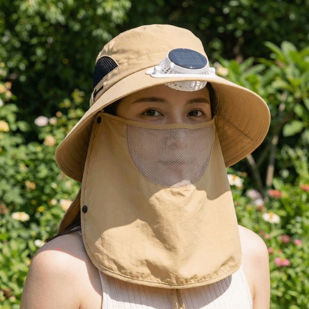 Fishing Hat - หมวกพัดลมพลังงานแสงอาทิตย์แบบพกพา ปรับได้ พร้อมที่ปิดหน้า หมวกกันแดดสำหรับตกปลา ใช้งานได้ยาวนาน 1000mA
