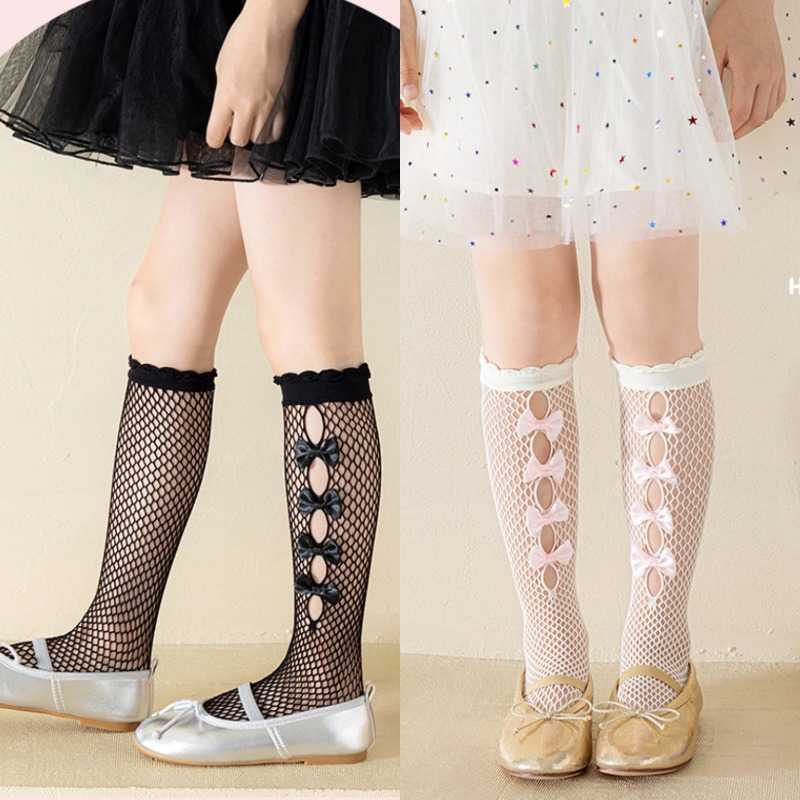 Fishing Socks - ถุงน่องโลลิต้าแบบโปร่งสำหรับเด็กผู้หญิง ถุงน่องตาข่ายไนลอนเย็บโบว์หลายชิ้น ถุงเท้ายาวถึงเข่าแบบตาข่ายน่ารัก