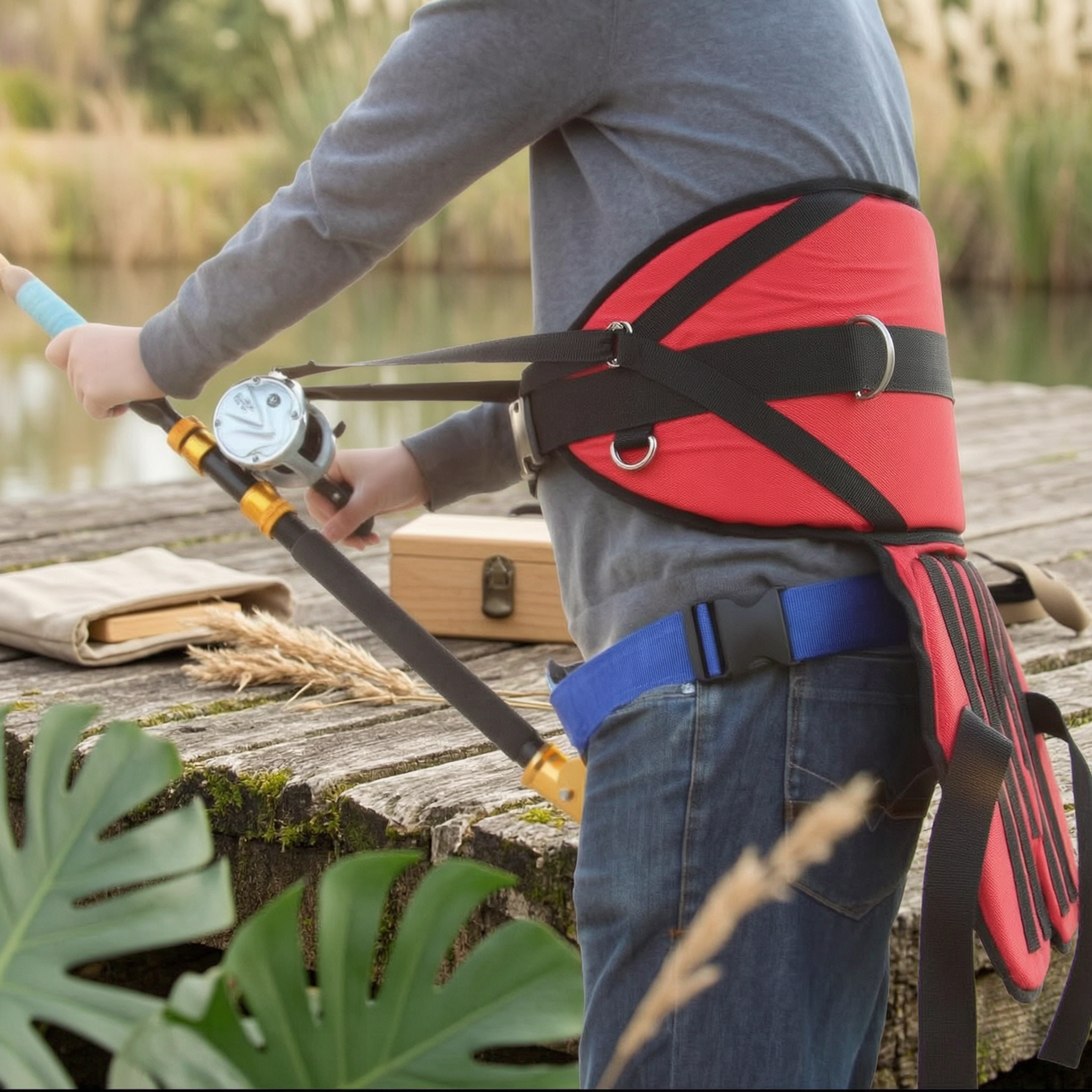 Fishing Belt - เข็มขัดคาดเอวสำหรับตกปลาพร้อมเบาะรองนั่ง เข็มขัดตกปลาแบบปรับได้พร้อมที่วางคันเบ็ด ที่ยึดคันเบ็ดที่เอว แข็งแรง ทนทาน